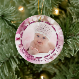Baby Girl First Christmas, Pink Bokeh, zwei Fotos Keramikornament