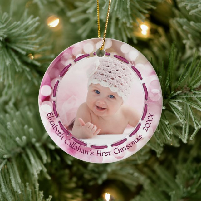 Baby Girl First Christmas, Pink Bokeh, zwei Fotos Keramikornament (Baum)