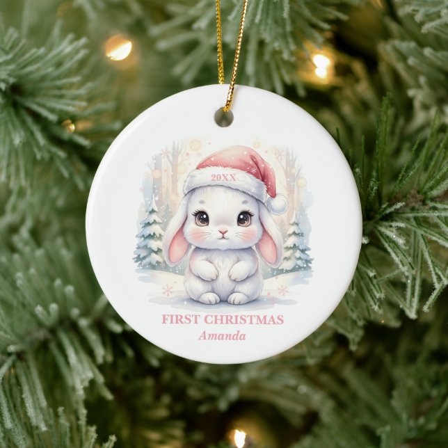 Baby Girl First Christmas Pink Bunny Photo Keramik Ornament (Baum)