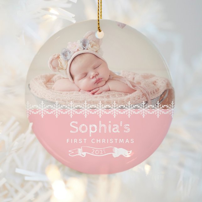 Baby Girl First Christmas Pink Custom Foto Keramik Ornament (Von Creator hochgeladen)