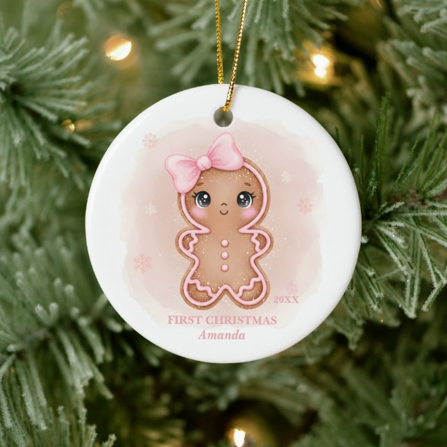 Baby Girl First Christmas Pink Gingerbread Photo Keramik Ornament (Baum)