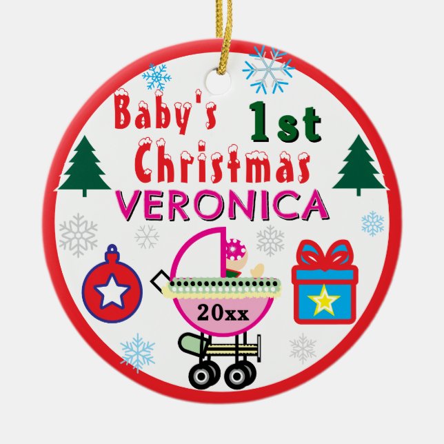 Baby Girl First Christmas Pink Hat NAME Keramik Ornament (Vorne)