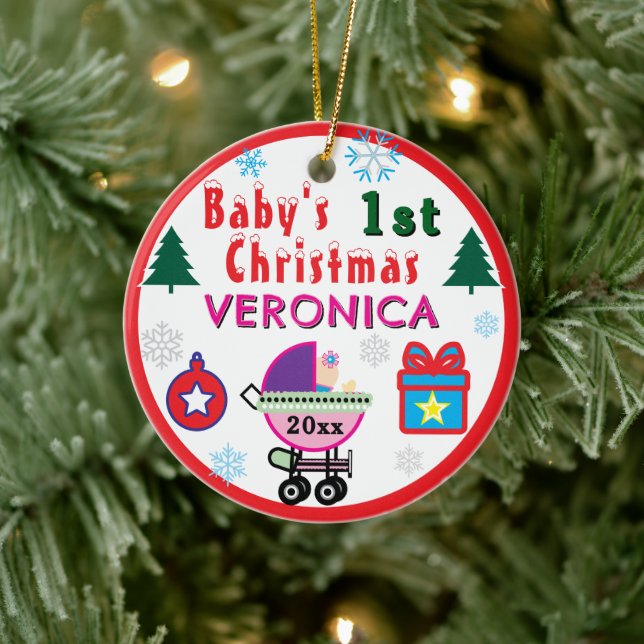 Baby Girl First Christmas Pink Purple Carriage  Keramik Ornament (Baum)