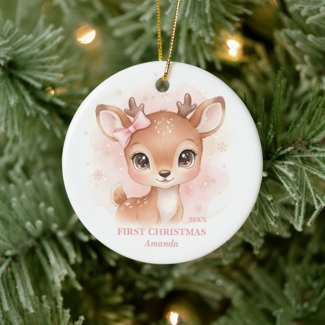 Baby Girl First Christmas Pink Reindeer Photo Keramik Ornament (Baum)