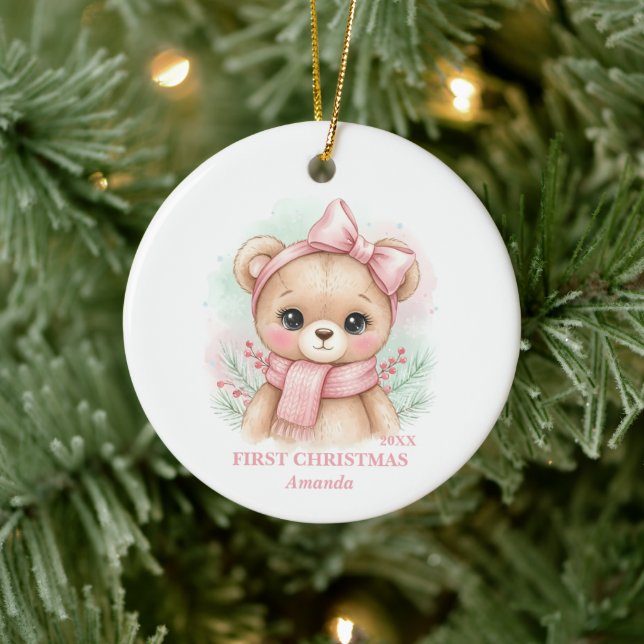 Baby Girl First Christmas Pink Teddy Bear Photo Keramik Ornament (Baum)