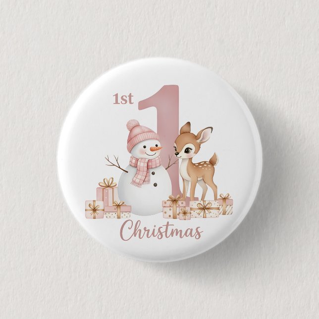 Baby Girl First Christmas Snowman Deer Button (Vorderseite)