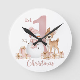Baby Girl First Christmas Snowman Deer Runde Wanduhr