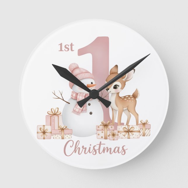 Baby Girl First Christmas Snowman Deer Runde Wanduhr (Vorderseite)