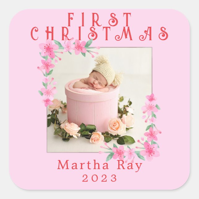 Baby Girl First Christmas Soft Pink Blumenrahmen Quadratischer Aufkleber (Vorderseite)