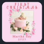 Baby Girl First Christmas Soft Pink Blumenrahmen Quadratischer Aufkleber<br><div class="desc">Zwei 2 Foto Minimalistisch Hello World New Birth Ankündigung</div>
