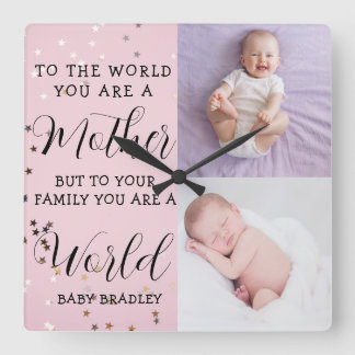 Baby girl First Year Photo Collage Keepsake pink Quadratische Wanduhr