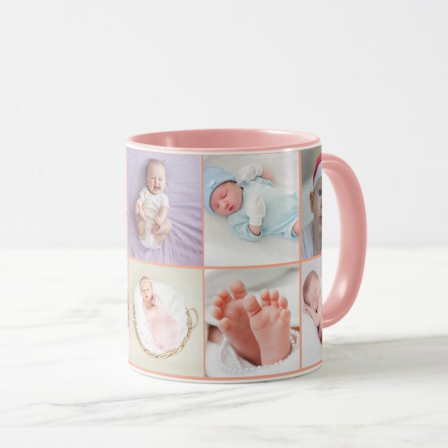 Baby girl first year photo collage script Pink Tasse (VorderseiteRechts)