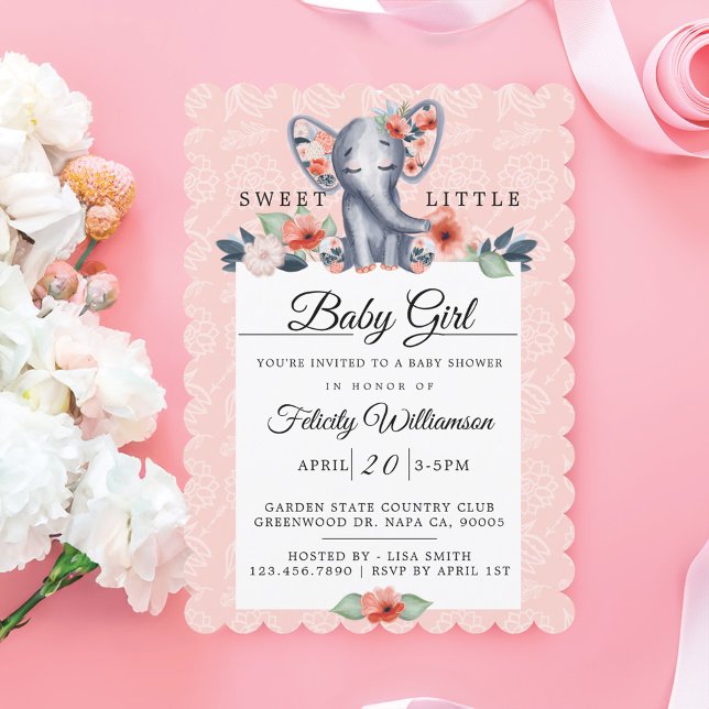 Baby Girl Floral Elephant Baby Shower Einladung (Baby Girl Floral Elephant Baby Shower Invitation)