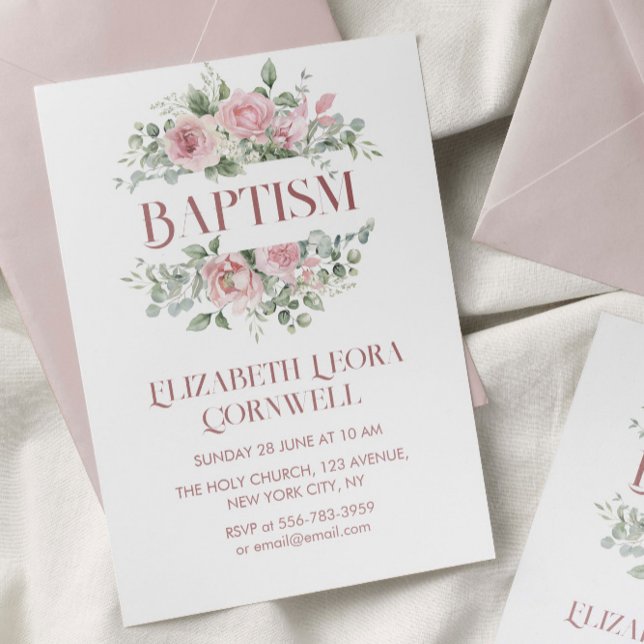 Baby Girl Floral Wreath Taufe Einladung (Baby Girl Floral Wreath Baptism Invitation)