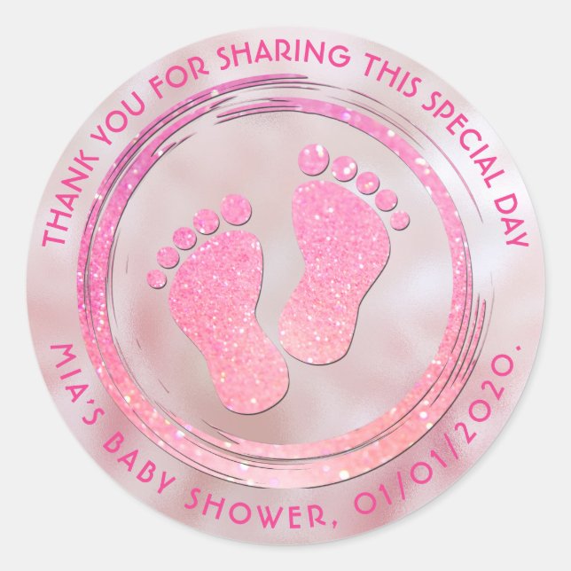 Baby Girl Footprint Glittering Baby Dusche Gefalle Runder Aufkleber (Vorderseite)