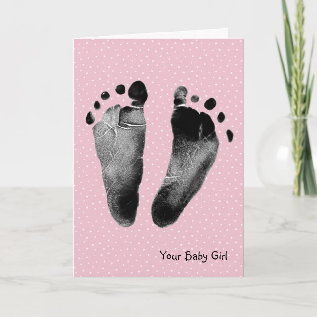 Baby Girl Footprints auf Polka Dots Karte (Vorderseite)