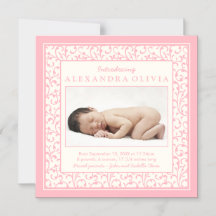 Baby Girl Foto Damask Floral Geburtsankündigung