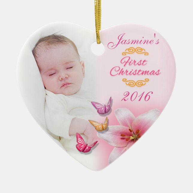 Baby Girl Foto Erste Weihnachtsdekoration pink Keramik Ornament (Vorne)