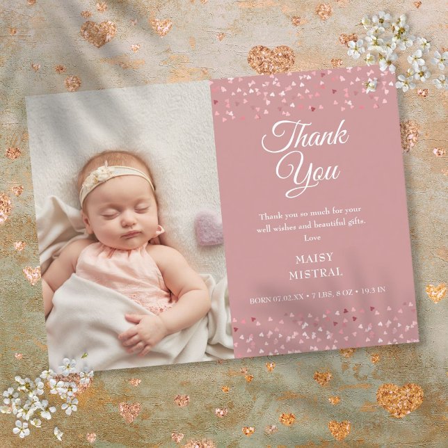 Baby Girl Foto Liebe Hört Skript Vielen Dank für I Ankündigungspostkarte (Baby Girl Photo Love Hearts Script Thank You Birth Announcement Postcard)