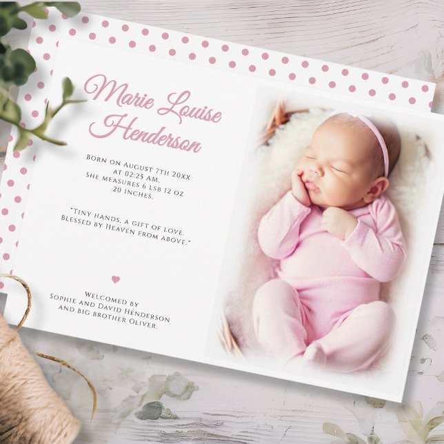 Baby Girl Foto Pink Dots Geburtsankündigungskarte Dankeskarte (Baby Girl Photo Pink Dots Birth Announcement Card)