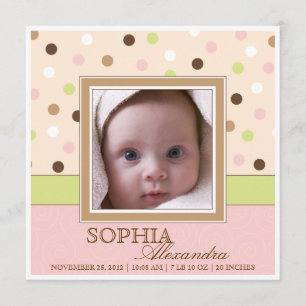Baby Girl Geburt Zwei Fotos in Rosa + Braun Punkte Ankündigung