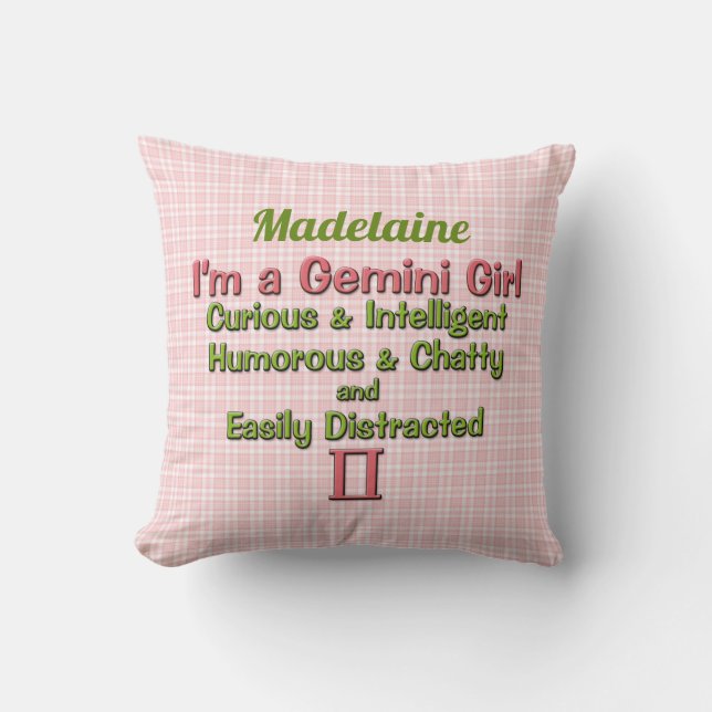 Baby Girl Gemini Zodiac Rosa und Grün mit Namen Kissen (Vorderseite)