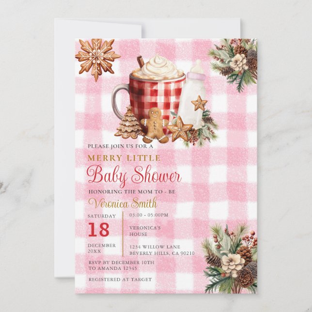 Baby Girl Gingham A Merry Little Baby Shower  Einladung (Vorderseite)