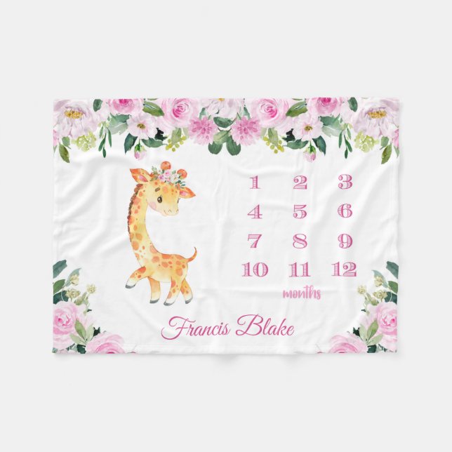 Baby Girl Giraffe Milestone Blanket mit Namen Fleecedecke (Vorderseite (Horizontal))