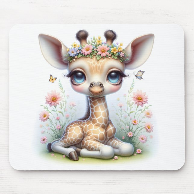 Baby Girl Giraffe mit rosa Blume Mousepad (Vorne)