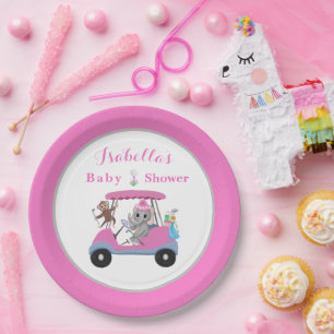 Baby Girl Golfing Elephant & Monkey Dusche Pappteller