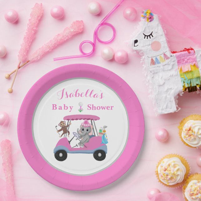 Baby Girl Golfing Elephant & Monkey Dusche Pappteller (Party)