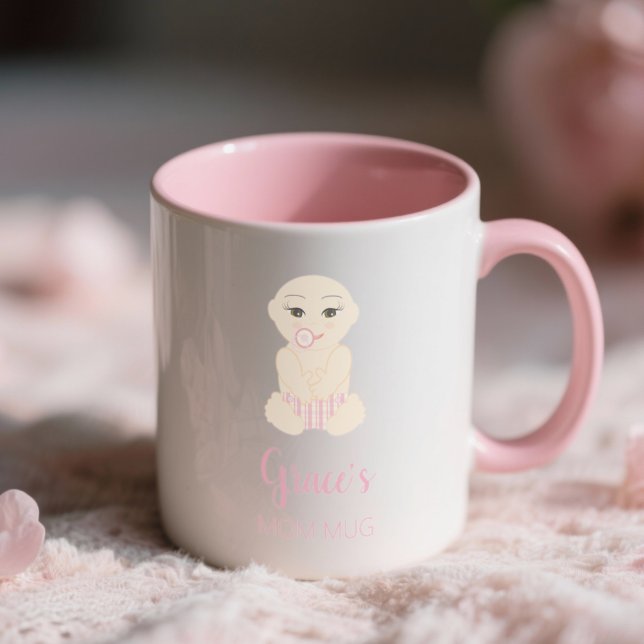 Baby Girl Illustration in Pink Design Tasse (Cute Cheerful Funny Pink Baby Girl Design Mug)
