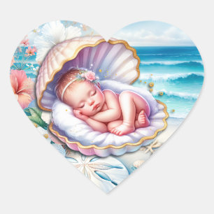 Baby Girl in einer Seashell Baby Dusche Herz-Aufkleber