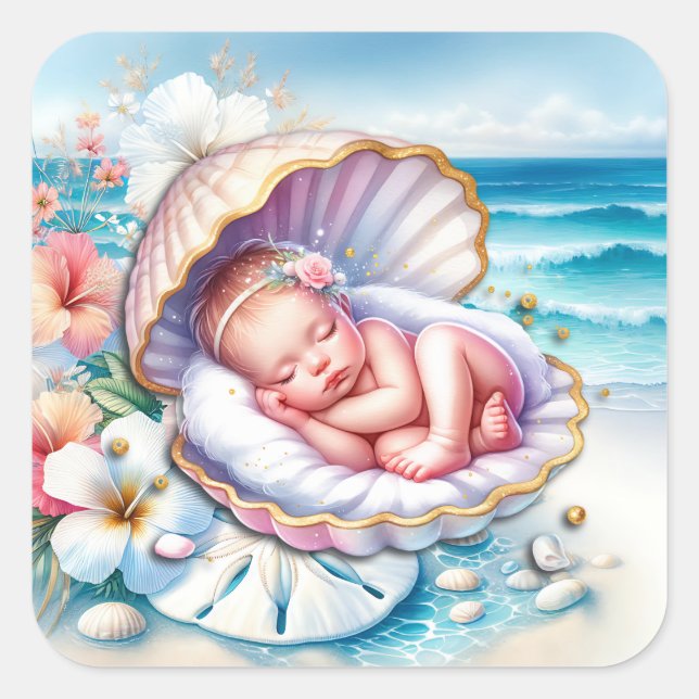 Baby Girl in einer Seashell Baby Dusche Quadratischer Aufkleber (Vorderseite)