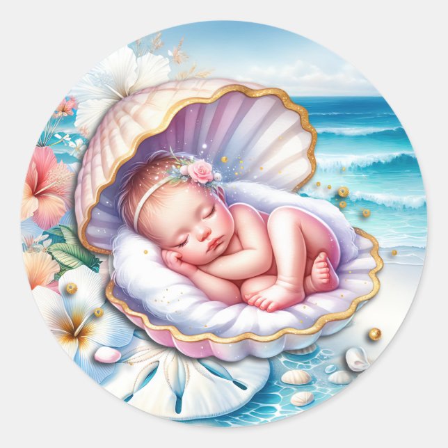 Baby Girl in einer Seashell Baby Dusche Runder Aufkleber (Vorderseite)