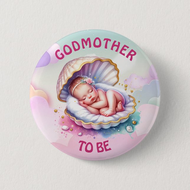 Baby Girl in Seashell Baby Shower Godmutter zu sei Button (Vorderseite)