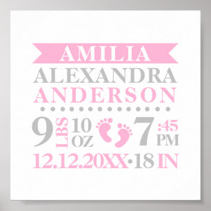 Baby Girl Kinderzimmer Room Birth Stats Keepake Poster