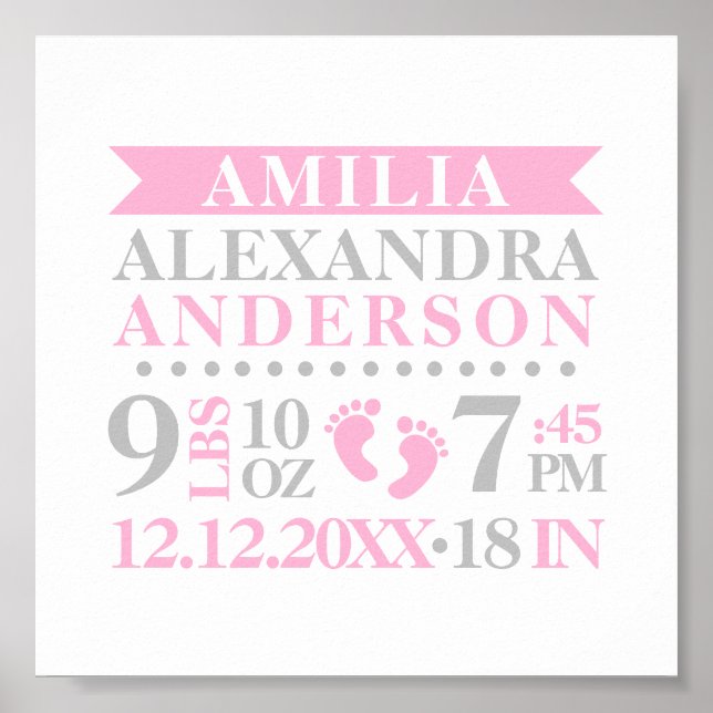 Baby Girl Kinderzimmer Room Birth Stats Keepake Poster (Vorne)