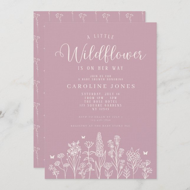 Baby Girl Kleine Wildblume Pink Babydusche Einladung (Vorne/Hinten)