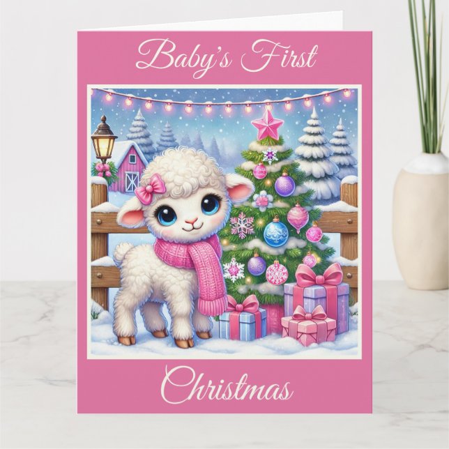 Baby Girl Lamb's First Christmas Karte (Vorderseite)