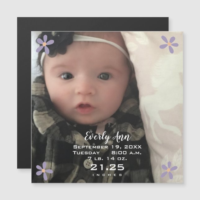 Baby Girl Lila Daisy Magnetic Birth Ankündigung (Vorne/Hinten)