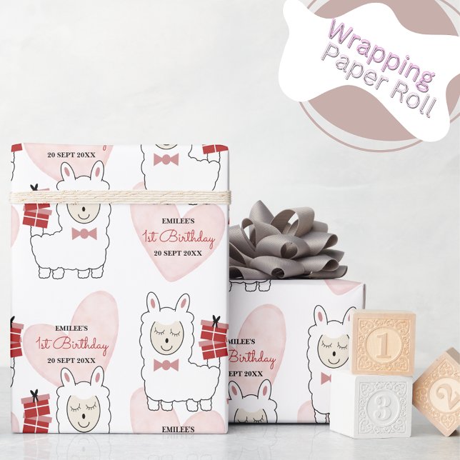 Baby Girl Llamas und rosa Herzen Geschenkpapier (Von Creator hochgeladen)