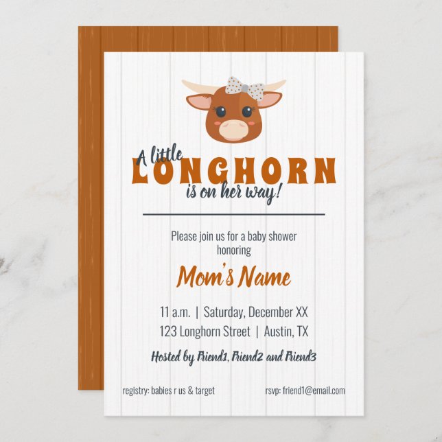 Baby Girl Longhorn Burnt Orange Babydusche Einladung (Vorne/Hinten)
