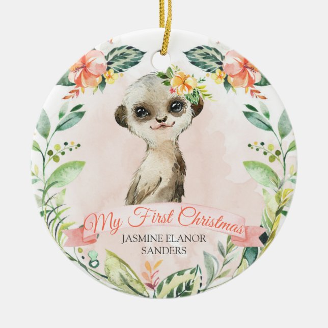 Baby Girl Meerkat Erster Weihnachtsurlaub Keepake Keramik Ornament (Vorne)