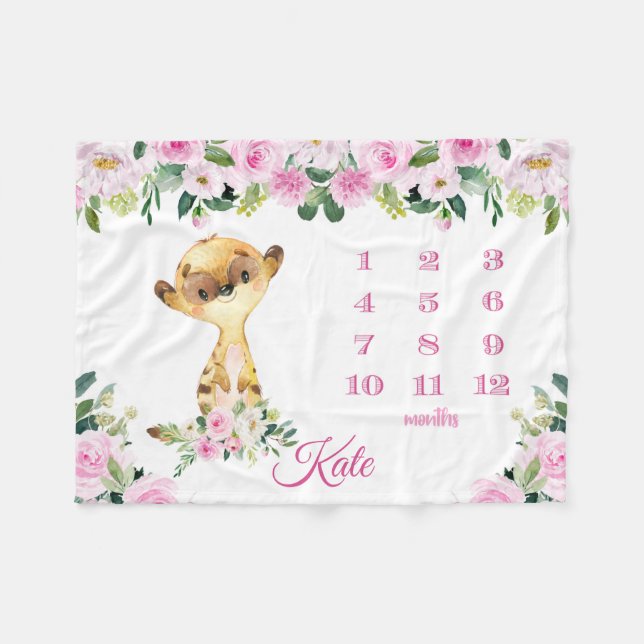 Baby Girl Meerkat Monatliches Wachstum Meilenstein Fleecedecke (Vorderseite (Horizontal))