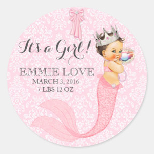 Baby Girl Mermaid Princess Crown Ankündigung Runder Aufkleber