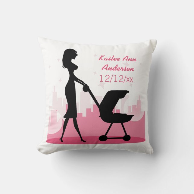 Baby Girl Metro Ankündigung von Geburt Pink City Kissen (Vorderseite)