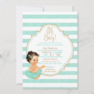 Baby Girl Mint Tutu Stripes Gold Glitzer Einladung