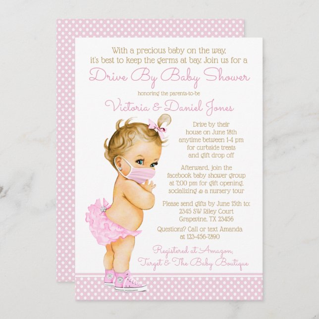 Baby Girl mit Maskenantrieb mit Babydusche Einladung (Vorne/Hinten)