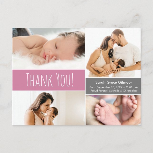 Baby Girl Modern Pink Foto Collage Babydusche Postkarte (Vorderseite)